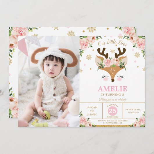 トナカイ冬金ゴールド雪片誕生日写真 招待状 (正面/裏面)