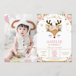 トナカイ冬金ゴールド雪片誕生日写真 招待状