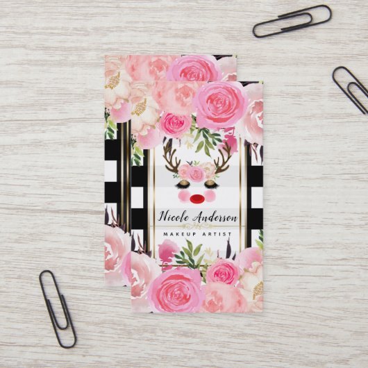 トナカイ化粧金ゴールドグリッターアイズピンクフローラ 名刺 (正面/裏面インサイチュ)