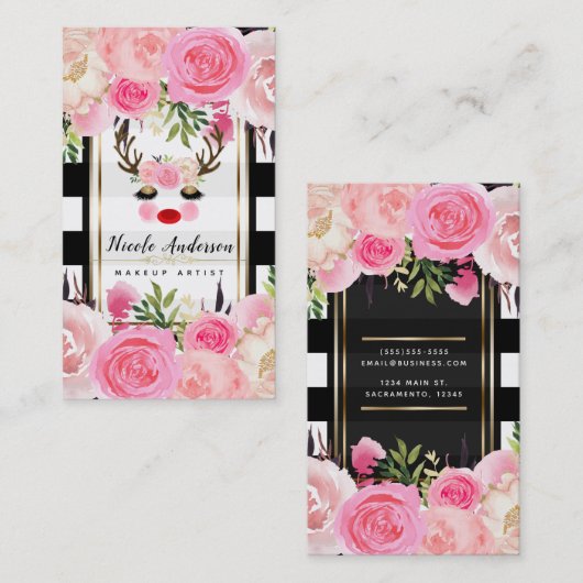 トナカイ化粧金ゴールドグリッターアイズピンクフローラ 名刺 (正面/裏面)