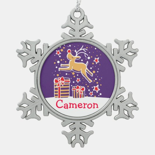 トナカイ名スノーフレーククリスマス飾り スノーフレークピューターオーナメント (正面)