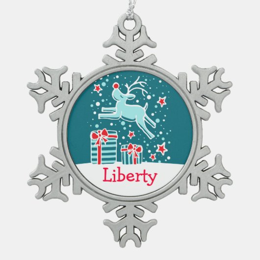 トナカイ名スノーフレーククリスマス飾り スノーフレークピューターオーナメント (正面)