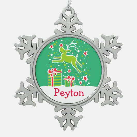 トナカイ名スノーフレーククリスマス飾り スノーフレークピューターオーナメント (正面)