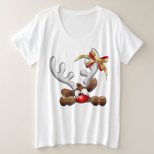 トナカイ困惑おもしろいクリスマスキャラクター プラスサイズTシャツ (デザイン正面)