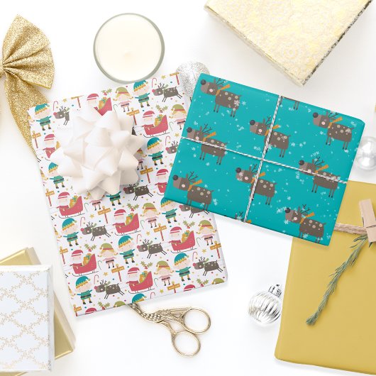 トナカイ小人とサンタクロースのクリスマスおもしろい ラッピングペーパーシート