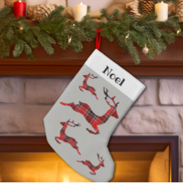 トナカイ市松模様にパターンplaidノエル名タグ スモールクリスマスストッキング