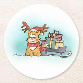 トナカイ帽子とスリー付きクリスマス ラウンドペーパーコースター