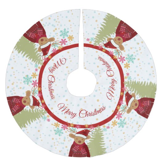 トナカイ松の木スノーフレークかわいいクリスマス ブラッシュドポリエステルツリースカート (正面)