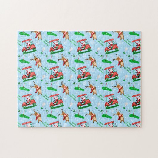 トナカイ模様のクリスマスサンタゴルフ ジグソーパズル (横)