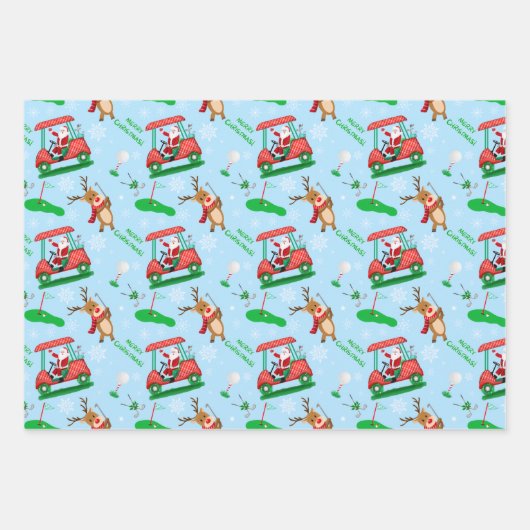 トナカイ模様のクリスマスサンタゴルフ ラッピングペーパーシート (正面)