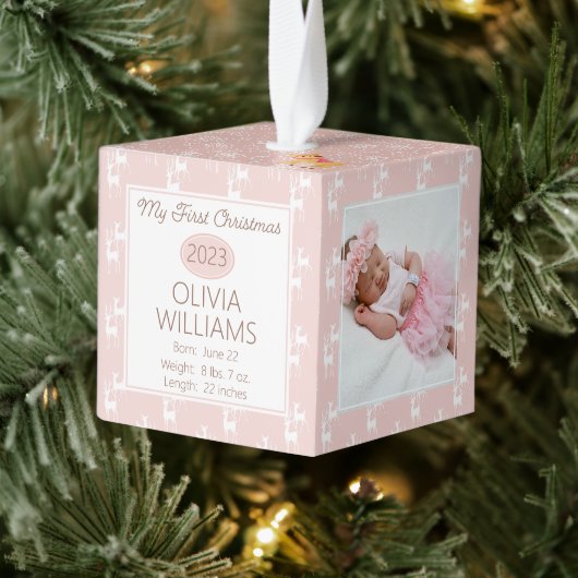 トナカイ模様ベビーマイ初めてのクリスマス3写真 キューブオーナメント (ツリー)