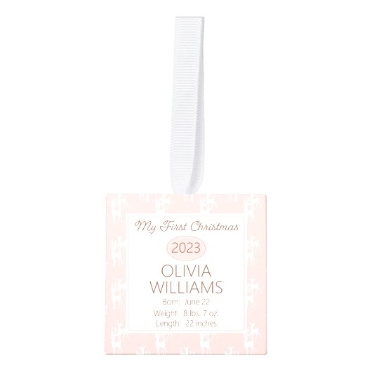 トナカイ模様ベビーマイ初めてのクリスマス3写真 キューブオーナメント (正面)