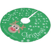 トナカイ漫画クリスマスグリーンホワイトスノーフレーク ブラッシュドポリエステルツリースカート (アングル)