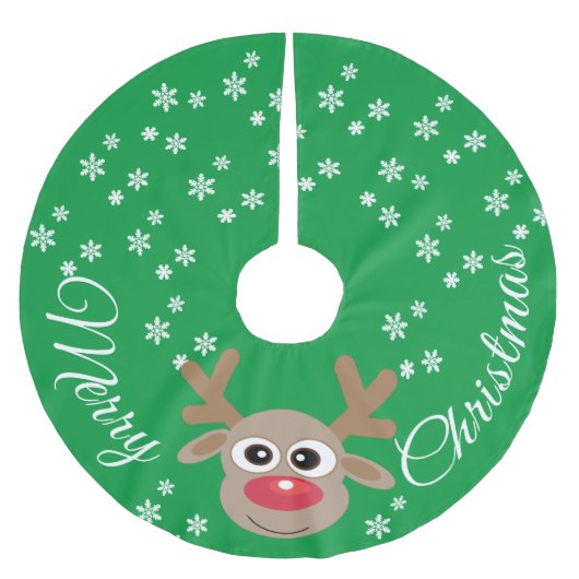 トナカイ漫画クリスマスグリーンホワイトスノーフレーク ブラッシュドポリエステルツリースカート (正面)