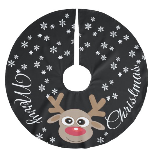 トナカイ漫画クリスマス白黒雪片 ブラッシュドポリエステルツリースカート (正面)