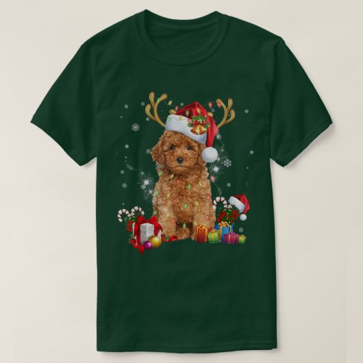 トナカイ犬クリスマスライトサンタハットクリスマス Tシャツ (デザイン正面)