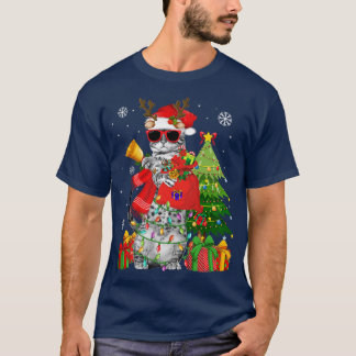 トナカイ猫クリスマスライトおもしろい猫好きギフト Tシャツ