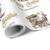 トナカイ素朴とソリの緑と金ゴールドシック ラッピングペーパー (ロールコーナー)