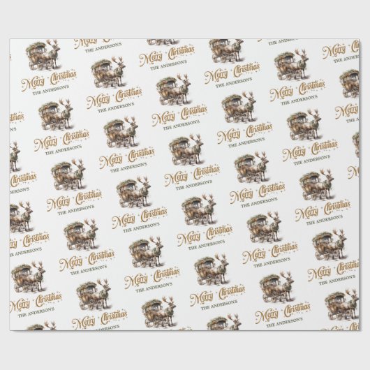 トナカイ素朴とソリの緑と金ゴールドシック ラッピングペーパー (フラット)