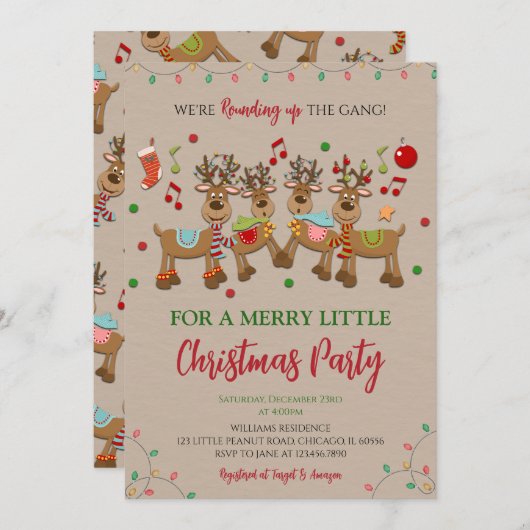 トナカイ素朴クリスマスパーティー 招待状 (正面/裏面)