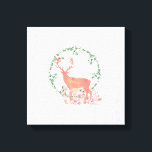 トナカイ素朴ボホウォーター色 キャンバスプリント<br><div class="desc">デジタルウォーターのカラーデザインでキャンバス印刷。ハバルのリースの中のパステルオレンジのトナカイ離れシルエット。彼の足でキノコや森シダ。背景にグレーと白の樺の木の木のパターン。</div>