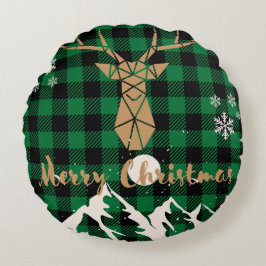 トナカイ緑の格子模様クリスマス装飾用クッション ラウンドクッション