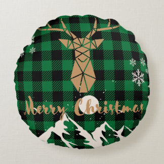 トナカイ緑の格子模様クリスマス装飾用クッション ラウンドクッション