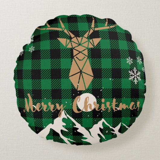 トナカイ緑の格子模様クリスマス装飾用クッション ラウンドクッション (正面)