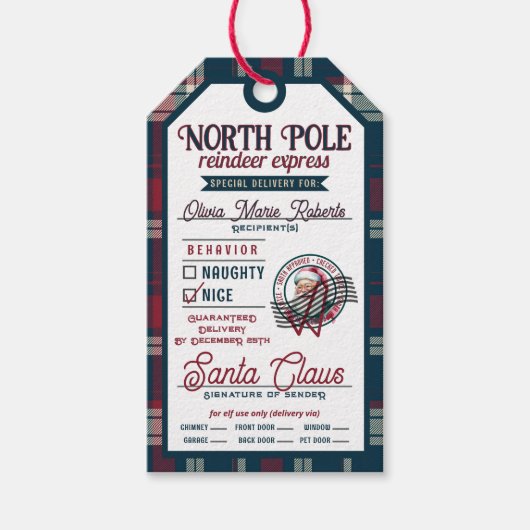 トナカイ表現サンタ・クロース・プレイド・クリスマス ギフトタグ (正面)