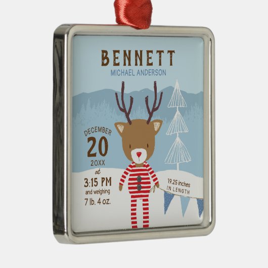 トナカイ誕生統計ベビーの最初のクリスマス メタルオーナメント (右)
