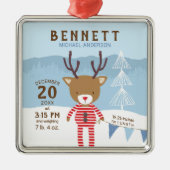 トナカイ誕生統計ベビーの最初のクリスマス メタルオーナメント (正面)