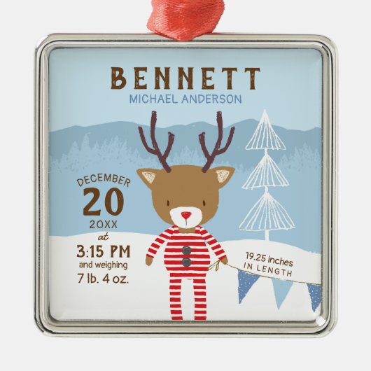 トナカイ誕生統計ベビーの最初のクリスマス メタルオーナメント (正面)