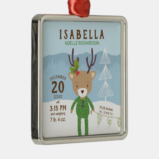 トナカイ誕生統計ベビーの最初のクリスマス メタルオーナメント (右)