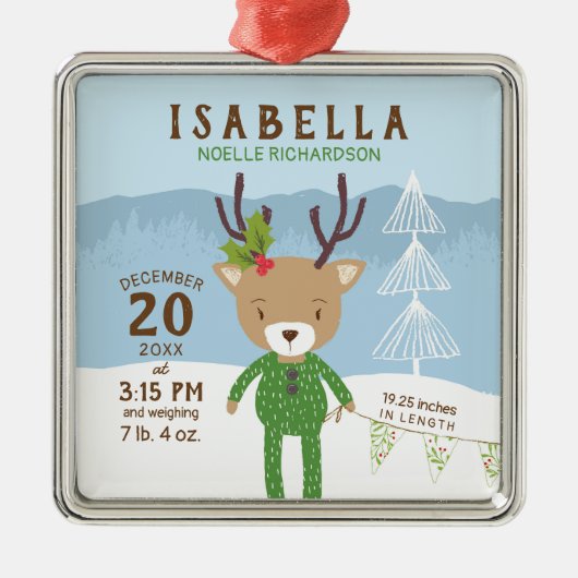トナカイ誕生統計ベビーの最初のクリスマス メタルオーナメント (正面)