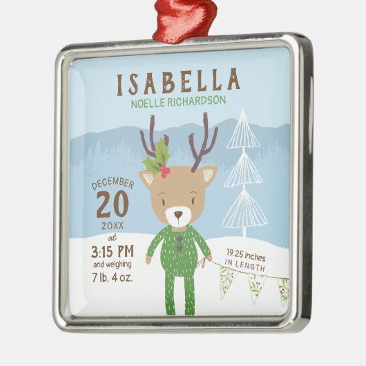 トナカイ誕生統計ベビーの最初のクリスマス メタルオーナメント (左)
