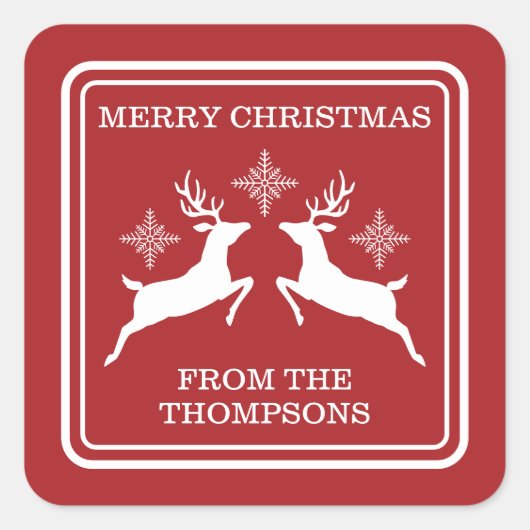 トナカイ赤と白と雪片のクリスマス スクエアシール (正面)