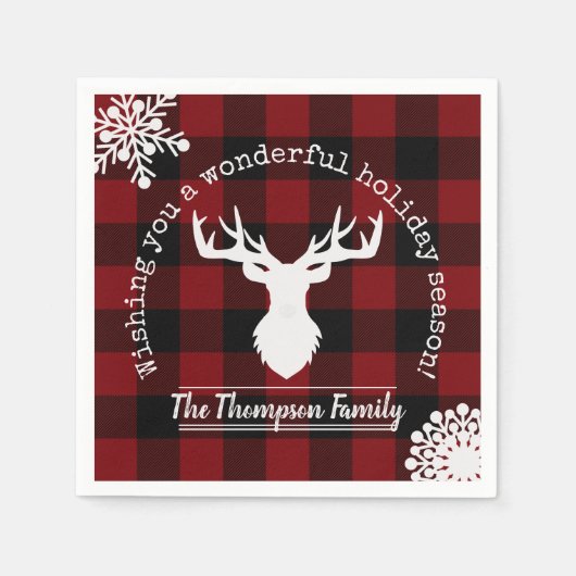 トナカイ赤と黒バッファローの格子模様のクリスマス スタンダードカクテルナプキン (正面)
