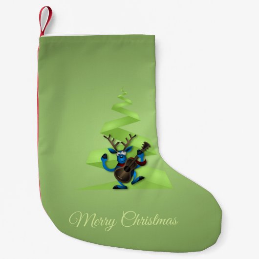 トナカイ踊りギターメリークリスマスツリー スモールクリスマスストッキング (正面)