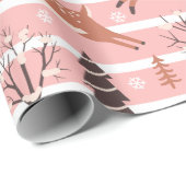 トナカイ雪の木ピンクと白のクリスマス ラッピングペーパー (ロールコーナー)