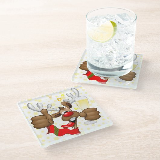 トナカイ飲スおもしろいクリスキャラクター ガラスコースター (アングル)