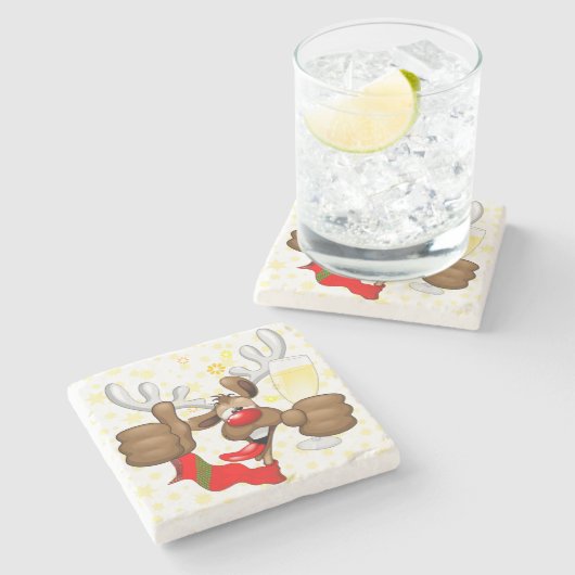 トナカイ飲スおもしろいクリスキャラクター ストーンコースター (横)