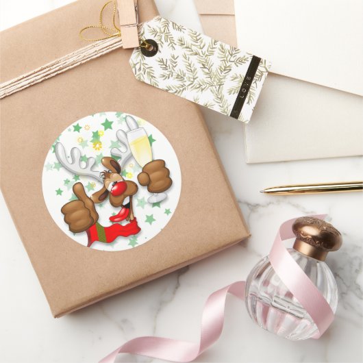 トナカイ飲スおもしろいクリスキャラクター ラウンドシール (ギフト)