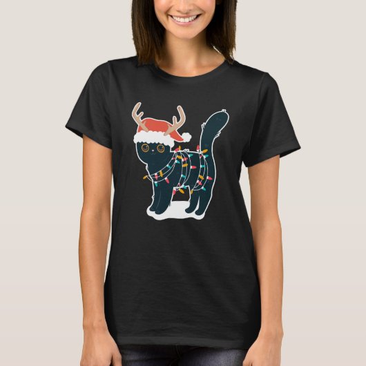 トナカイ黒猫クリスマスライトおもしろい Tシャツ (正面)