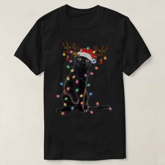 トナカイ黒猫クリスマスライトキャットおもしろいラブ Tシャツ (デザイン正面)