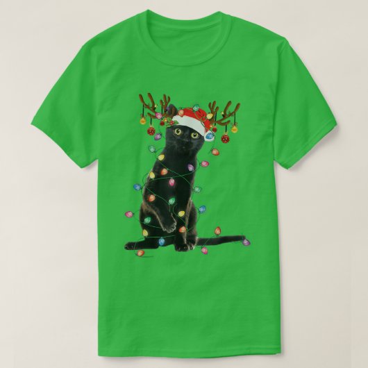 トナカイ黒猫クリスマスライトキャットおもしろいラブ Tシャツ (デザイン正面)