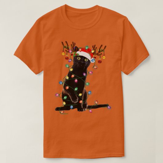 トナカイ黒猫クリスマスライトキャットおもしろいラブ Tシャツ (デザイン正面)