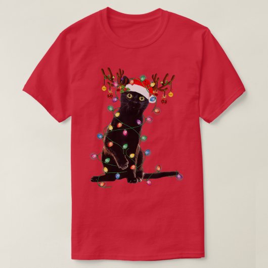 トナカイ黒猫クリスマスライトキャットおもしろいラブ Tシャツ (デザイン正面)