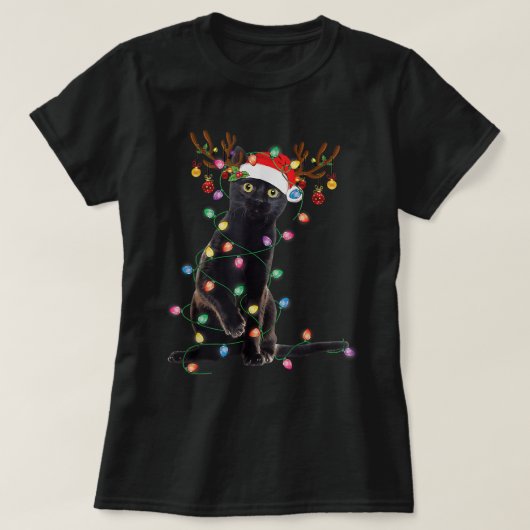 トナカイ黒猫クリスマスライトキャットおもしろいラブ Tシャツ (デザイン正面)