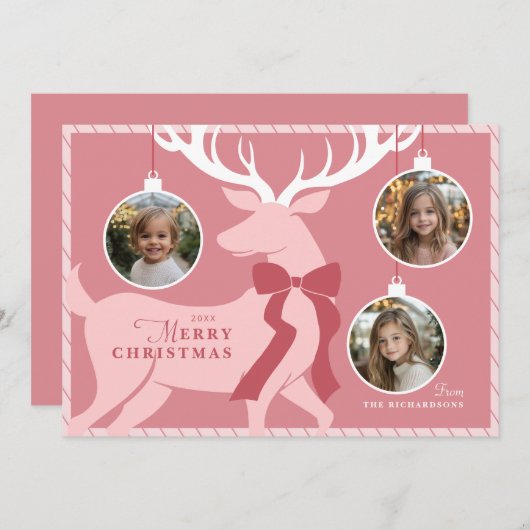トナカイ3枚の写真ピンクのクリスマスカード シーズンカード (正面/裏面)