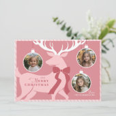 トナカイ3枚の写真ピンクのクリスマスカード シーズンカード (スタンド正面)